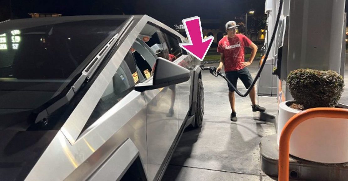 tesla cybertruck at a gas station 1