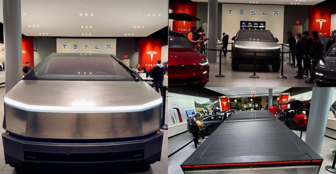 tesla cybertruck in a showroom