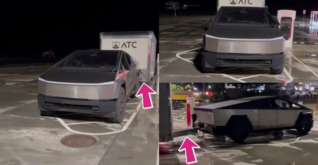 tesla cybertruck supercharging with a trailer