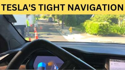 tesla fsd navigates in a tight road min